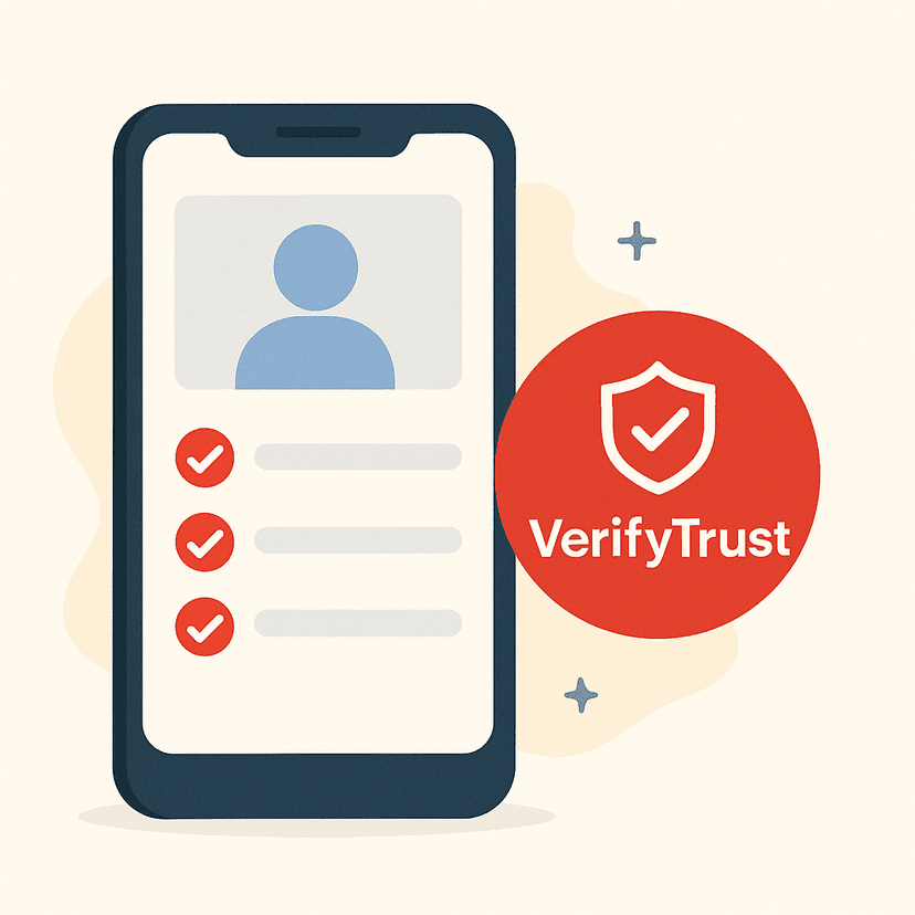 Mobile verification interface showing VerifyTrust profile with verification checkmarks
